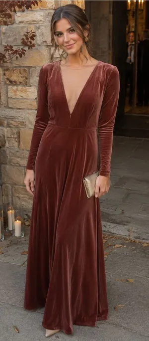 Jenny Yoo Collection Rust Velvet Long Sleeve Maxi Dress Size 12 thumbnail 1