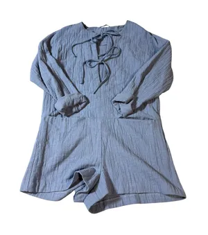 Zara Women Size XS Dusty‎ Blue Romper Tie Front 100% Cotton Lightweight thumbnail 1