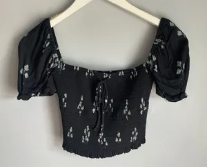 Wilfred Aritzia Black Floral Smocked Cottagecore Crop Top Bardot Women's XS‎ thumbnail 1