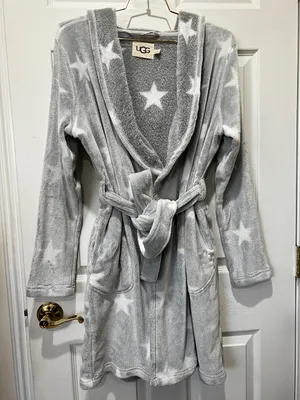 UGG Miranda Robe Grey/White Stars Hooded Cozy Fleece Plush Long Sleeve thumbnail 1