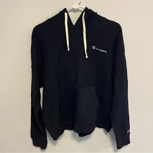 NWT Champion Black Ribbed Athletic Hoodie Cream Accents - L thumbnail 1