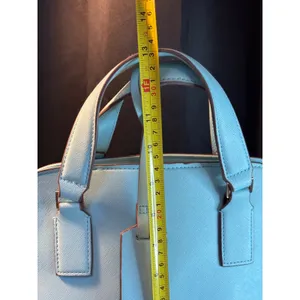 Blue Saffiano Dome Satchel Bag with Gold Heart Detail and Striped Lining thumbnail 4