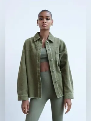 Zara Jacket Corduroy Overshirt Olive Green Women Size Large Oversized thumbnail 2