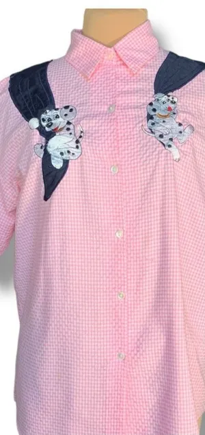 Vintage‎ 80s Embroidered Shirt Pink GinghamTop Plaid Button Up Dalmatian Puppy thumbnail 1