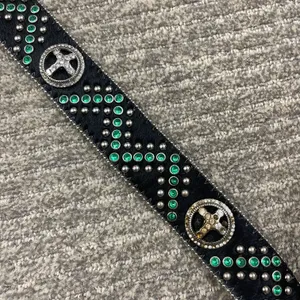 Western Leather Black Calf Hair Studded Rhinestone Embellished Statement Belt thumbnail 3