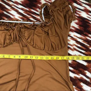 2000s Brown Whimsygoth Coquette Sweetheart Ruched bust Babydoll Bow Tie Front Top Shirt Blouse Short Sleeve Ruffle #Y2K #Whimsigoth #fairy Measurement in pics (has stretch) thumbnail 4
