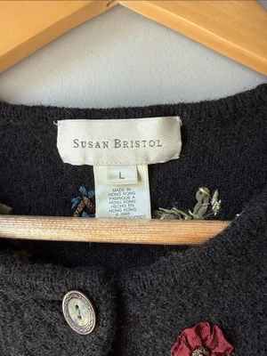 Vintage Susan Bristol Wool Black Floral Embroidered Cardigan Sweater thumbnail 2