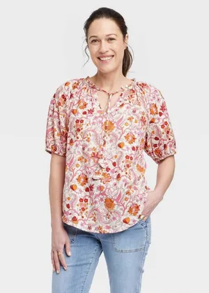 Knox Rose Women's V Neck Short-Sleeve Top Basic U-Shape Hem Elastic Cuffs thumbnail 1