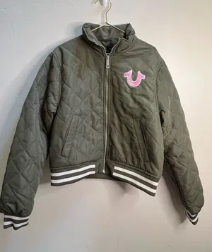 True Religion‎ Olive Quilted Puffer Jacket with Pink Logo Patch thumbnail 1