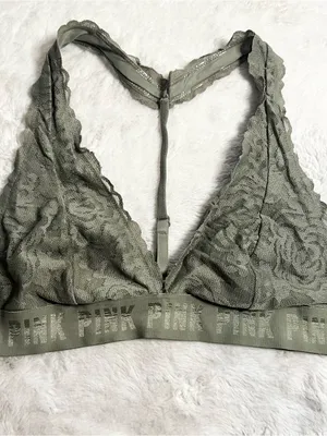 VS PINK Olive Green Lace T-Back Bralette Size Medium Wireless Comfort Bra thumbnail 9
