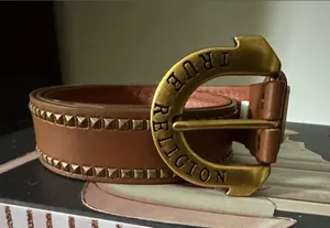 True Religion Tan Leather Studded Belt with Brass Logo Buckle thumbnail 1