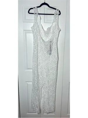 PrettyLittleThing White Flower Crochet Plunge Beach Cover Up Maxi Dress XL NWT thumbnail 10