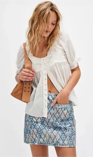 Free People Darla Quilted Mini Skirt Blue and Peach Floral Sz 4 Cottage Dainty thumbnail 1