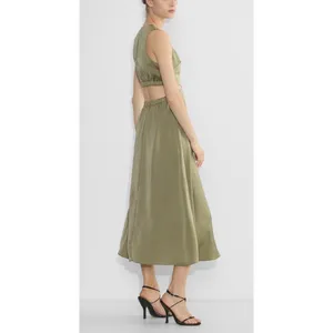 Aritzia Babaton Cella Satin NWOT Linen Blend Cutout Maxi Dress Open Back M Olive thumbnail 2