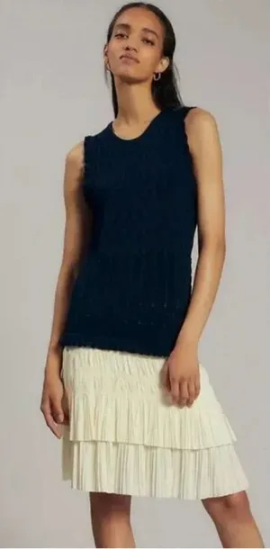 Anthropologie Current Air‎ Pleated Mini Dress Navy Blue Ivory White Size Large thumbnail 1