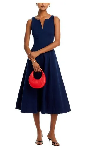 NWT Aqua Womens Paneled A-Line V-Neck Midi Dress IDL9634 Navy Blue M thumbnail 1