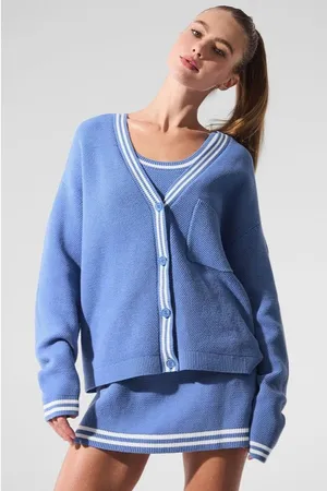 ALO Yoga Tennis Club Sweater Knit Cardigan Crystal Clear Blue/White Sz L Preppy thumbnail 1