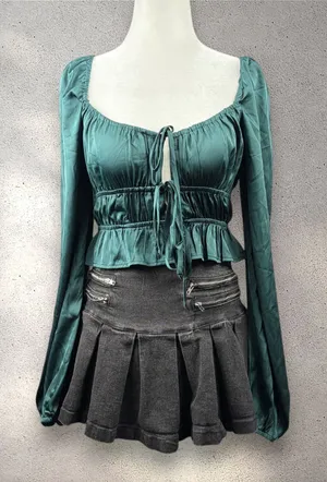 NWT Forever 21 Satin Tie Front Blouse Women's S Green Fairy Princess Cottagecore thumbnail 1