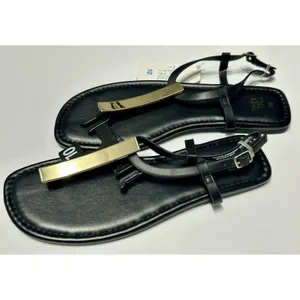 Time and Tru Womens Hardware T-Strap Flat Sandals Black Gold NWT Size 10 EU 41 thumbnail 7