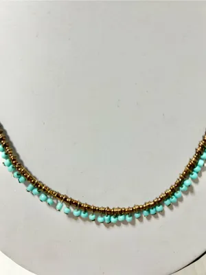 Delicate Handmade Turquoise Beads Metal Accents on Thin Gold-tone Wire Necklace thumbnail 2