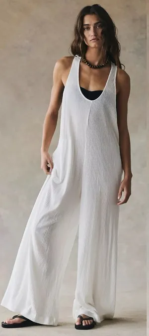 Free People Bohemian Zena One Piece Wide Leg Jumpsuit Clean Ivory Medium NWT thumbnail 1