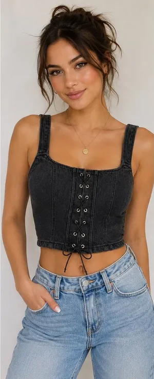 Wild Fable Women’s Large Black Denim Corset Crop Top Lace Up Y2K Grunge thumbnail 1