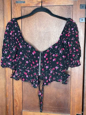 For Love & Lemons x Revolve Black Floral Cottagecore Crop Blouse Puff Sleeve S thumbnail 4