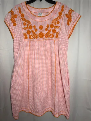 Sister Mary Veronica Pink Orange Checker Gingham Embroidered Floral Mini Dress S thumbnail 1