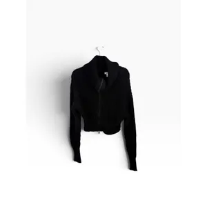 Aerie Double Zip Cardigan Sweater Black Chunky Knit Cropped Mock Neck Women Smal thumbnail 2
