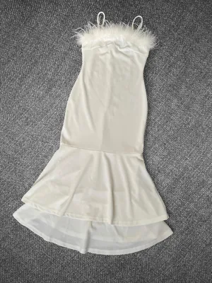 SHEIN White Feather Trim Mermaid Midi Dress XS Spaghetti Strap Party Dress thumbnail 2