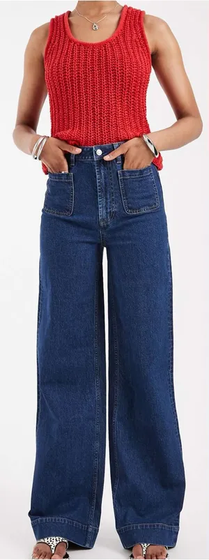 NWT ASOS Tall High Waist Wide Leg Jeans Front Patch Pockets Dark Wash Sz 32 🧡🍄 thumbnail 1