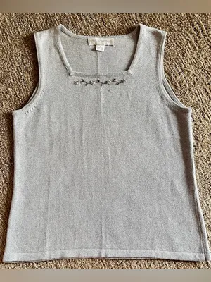 VNTG Petite Sophisticate Gray metallic Silver Sleeveless Knit Top beaded sequin thumbnail 1