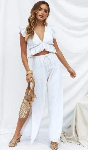 FANCYINN Womens Large Outfit Crop Top Side Slit Wide Leg Pants Set‎ Beach thumbnail 1