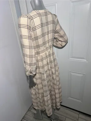 Marine Layer Maeve Maxi Dress NWOT Small Cream Windowpane Plaid Tiered V-Neck thumbnail 7