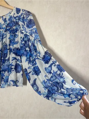 Free People Women’s Up For Anything Western Shirt Smocked Mesh Floral Blue S thumbnail 6