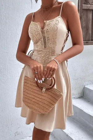 NWOT Lace Up Side Contrast Guipure Lace Cami Dress - Cream - L thumbnail 2