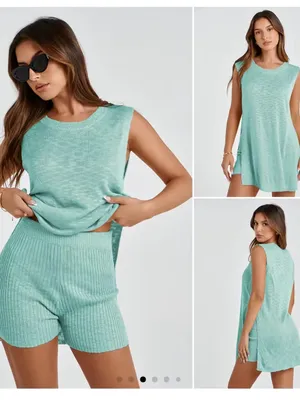 Uaneo 2 Piece Outfit Summer Knit Sweater Set Sleeveless Tunic top and short teal thumbnail 2