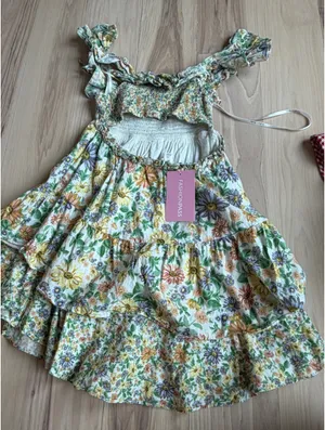 For Love And Lemons Floral Ruffle Mini Dress in White, Green, Yellow thumbnail 4