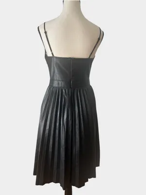 Express Black Faux Leather Pleated Midi Dress Lace Trim Small Goth thumbnail 3