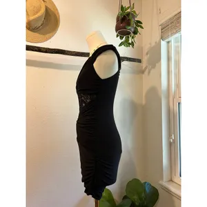 USA De More Y2K Black Stretchy Lace One Shoulder Gold Buckle Dress Size XS thumbnail 4