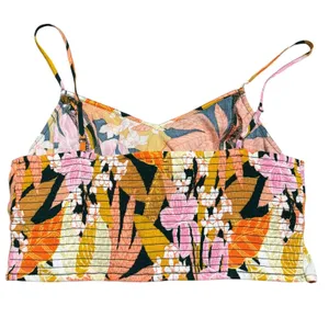 Aerie Size L Tie Front Crop Top Tropical Floral Beach Vacation Smocked‎ Colorful thumbnail 4