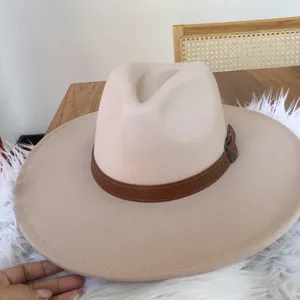 Beige fedora with brown faux leather buckle trim, brand new thumbnail 4