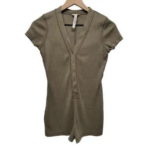Free People Early Night Waffle Knit Romper Army‎ Green XS Coastal Beach Boho thumbnail 3