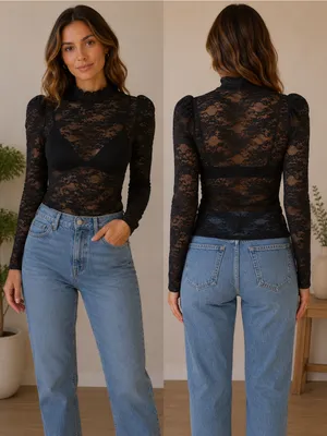 SHEIN Black Sheer Lace Mock Neck Long Sleeve Top, Size XS thumbnail 5