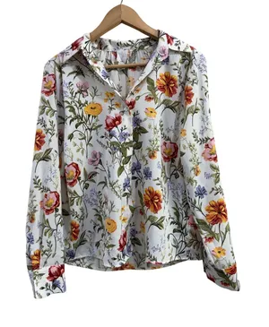 Joie Floral Print Button Down Blouse White Garden Botanical Long Sleeve Medium thumbnail 1