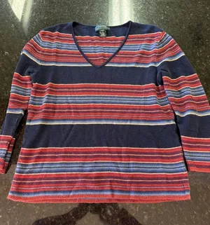 Lauren Ralph Lauren Women's Sweater Sz L Linen Cotton Blend Stripe V-neck thumbnail 1