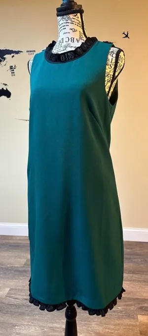 J.Crew Sleeveless Forest Green Shift Dress with Blue Ruffled Trim Size 8 thumbnail 1