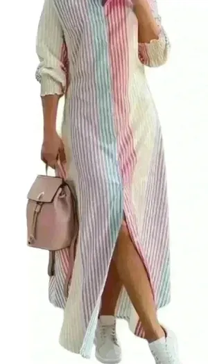 New Striped button down ladies Size large maxi curved hem dress thumbnail 1