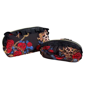 Betsey Johnson 2pc Cosmetic Bag Set Floral Leopard Ruffle Black Red Gold Rose thumbnail 5