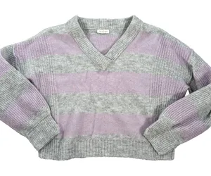 Blu Pepper V-Neck Stripe Pullover Sweater Women's Medium Gray/Purple Knit Boxy thumbnail 1